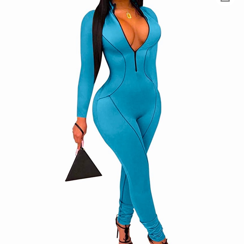 SEXY JUMPSUIT BODYCON V NECK TIGHT FITTED
